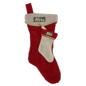 Vintage Christmas Stocking His & Hers Comical Large 19" MCM Fuzzy Joke Red